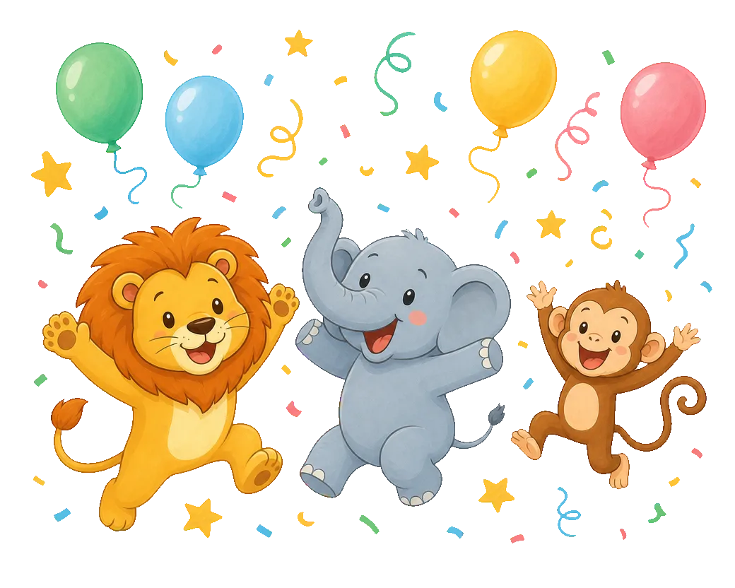 Flipolix animals celebrating with balloons and confetti