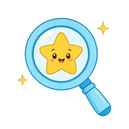 Sky-blue magnifying glass with a smiling gold star inside