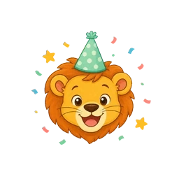 Joyful lion cub wearing a party hat with confetti