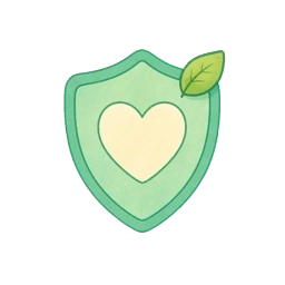Mint-green shield with a heart and a leaf
